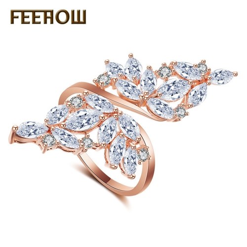 

Korean version of jewelry fashion flash diamond leaf ring adjustable joint ring