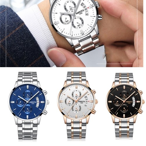 

NIBOSI butterfly snap solid steel belt men's watch waterproof coating glass luminous three eye 6 needle quartz watch Mesh belt steel blue surface