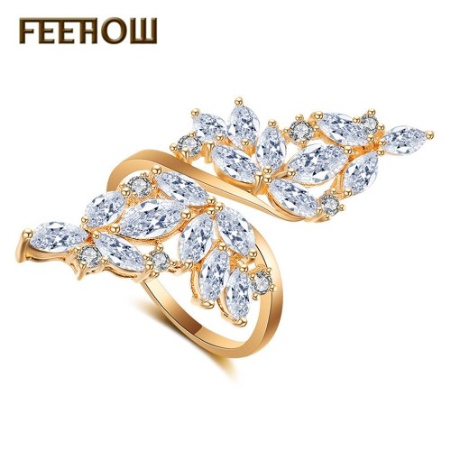 

Korean version of jewelry fashion flash diamond leaf ring adjustable joint ring
