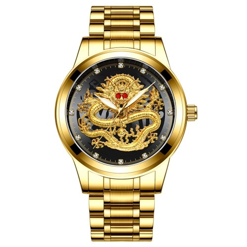 

Fenzun embossed gold dragon watch men's waterproof non-mechanical watch men's diamond ruby dragon face fashion middle-aged watch All gold - black face