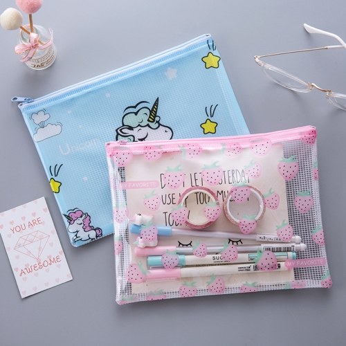 

Mini Cute PVC Pen Pencil Bag Cartoon File Folder Cosmetic Mesh