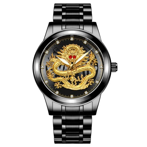

Fenzun embossed gold dragon watch men's waterproof non-mechanical watch men's diamond ruby dragon face fashion middle-aged watch Black steel - black face