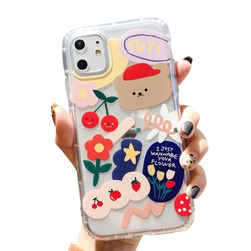 

Transparent Soft TPU Phonecase with Cute Cartoon Design Full-Body Protective Anti-Slip Cell Phone Cover Little Bear Flower Cherry Back Cover Bumper Shockproof Cover For iphone