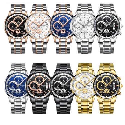 

2309 new NIBOSI solid steel belt men's watch waterproof coating glass luminous three eyes 6-pin quartz watch Stainless