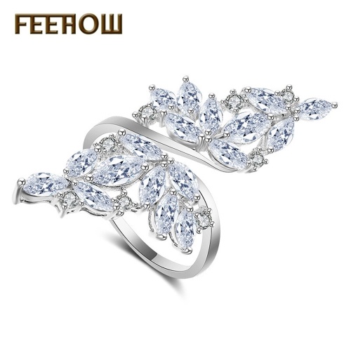Korean version of jewelry fashion flash diamond leaf ring adjustable joint ring