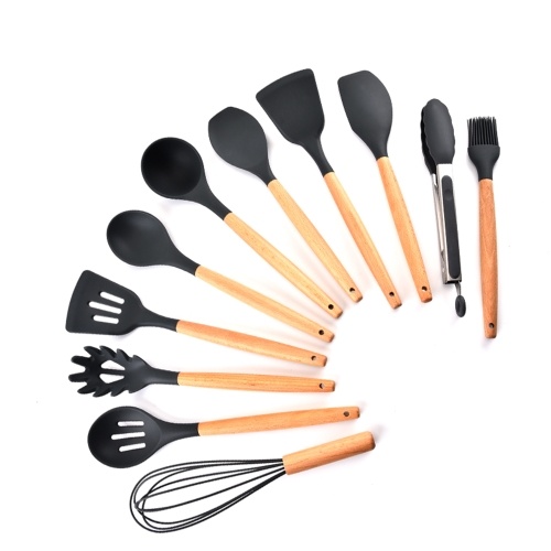 

Silicone Kitchen Utensil Set 11 Pcs Beech Wooden Handle Heat-Resistant Non-Stick Spoon Spatula Ladle Cooking Tools