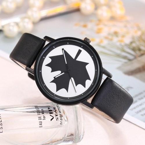 

Women Maple Pattern Wrist Watch Lady Fashion Alloy Case Leather Band Quartz Watch