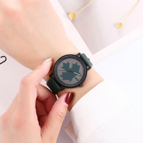 

Women Maple Pattern Wrist Watch Lady Fashion Alloy Case Leather Band Quartz Watch