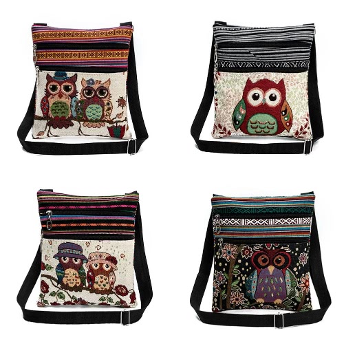 

Women Mini Crossbody Bag Owl Embroidery Jacquard Zipper Adjustable Strap Light Messenger Travel Outdoor Shoulder Bag