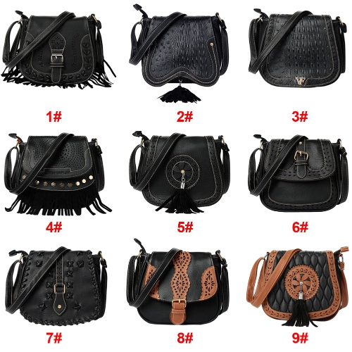 

New Women PU Crossbody Bag Tassel Hollow Out Cover Zipper Casual Vintage Small Shoulder Bags Black