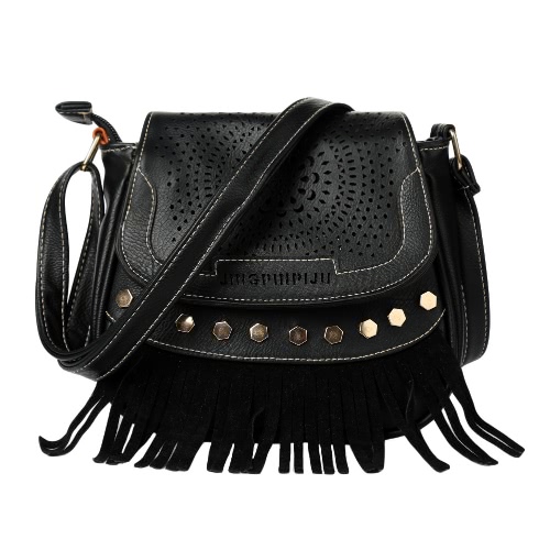 New Women PU Crossbody Bag Tassel Hollow Out Cover Zipper Casual Vintage Small Shoulder Bags Black