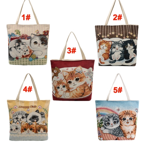 

Women Girls Canvas Shoulder Bag Handbag Cute Cat Embroidery Large Capacity Casual Shopping Bag Totes