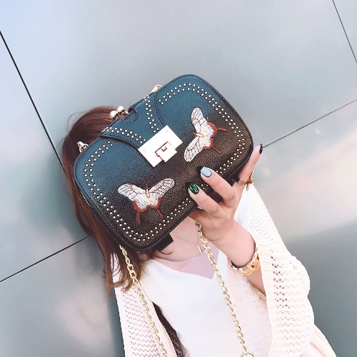 

New Women PU Crossbody Bag Rivet Butterfly Embroidery Multi-Pockets Vintage Chain Shoulder Bags White/Black