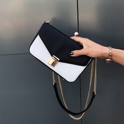 

Women Chain Shoulder Bag Color Block PU Leather Flap Front Casual Mini Hand Bag Crossbody Bag