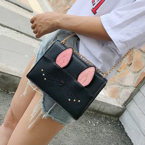 

Cute Women Girls Chain Crossbody Bags PU Leather Cat Rabbit Mini Small Shoulder Bag Handbag Beige/Black