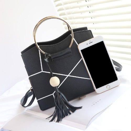 

Women Crossbody Bag PU Leather Contrast Geometric Printed Metal Ring Tassels Elegant Shoulder Bag