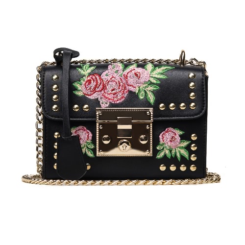 Mulheres Floral Bordado Shoulder Bag Cadeia Rebites PU Leather Flap Front Casual Mini Crossbody Bag