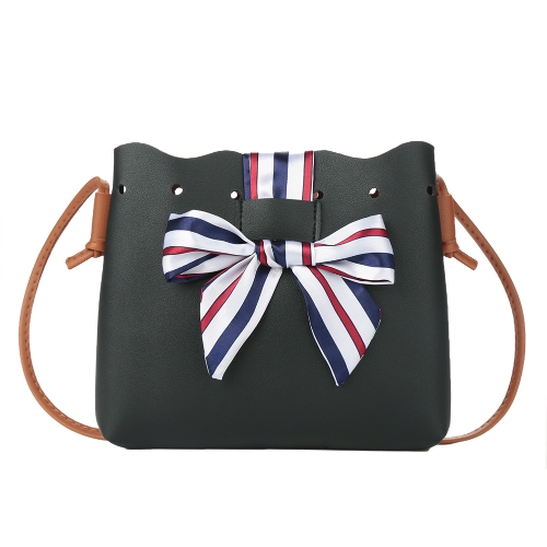 Women Shoulder Bag Contrast PU Leather Splicing Drawstring Bucket Bag Ribbon Bow Small Crossbody Bag