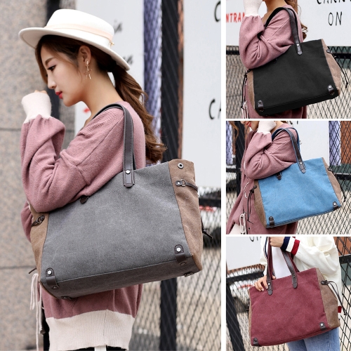 

Fashion Women Canvas Shoulder Bag Contrast Color Large Capacity Retro Casual Ladies Handbag Totes
