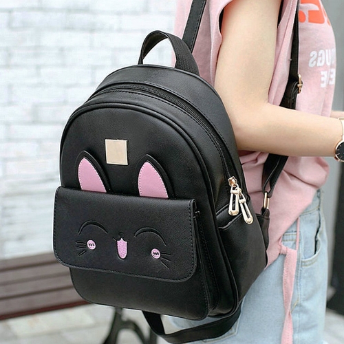 

New Women Girls Backpack PU Leather Rabbit Ear Casual Student Schoolbag 4 Piece Set Black/Beige/Pink