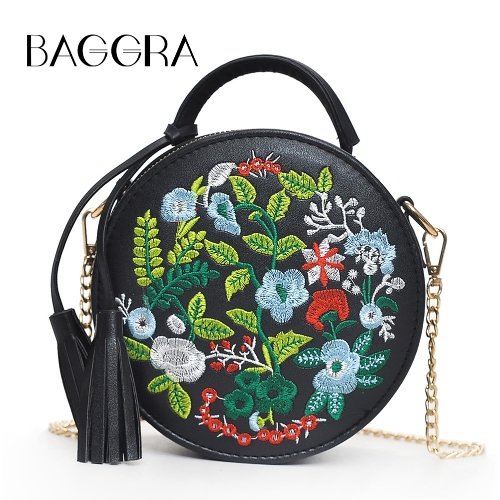 

Fashion Women Embroidered PU Crossbody Bag Tassels Décor Grab Handle Shoulder Chain Bag Black/Red/White