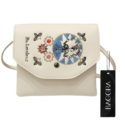 

New Fashion Women Embroidery Crossybody Bag PU Leather Flap Top Shoulder Handbag Black/Beige