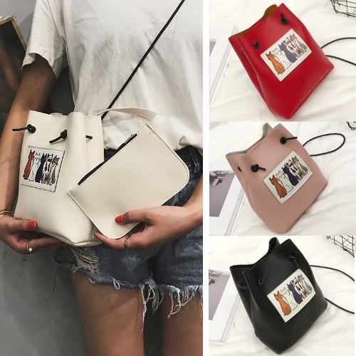 

Cute Women Crossbody Bag Two Piece Set Contrast Cats Print Drawstring Shoulder Messenger Bag Clutch Bag