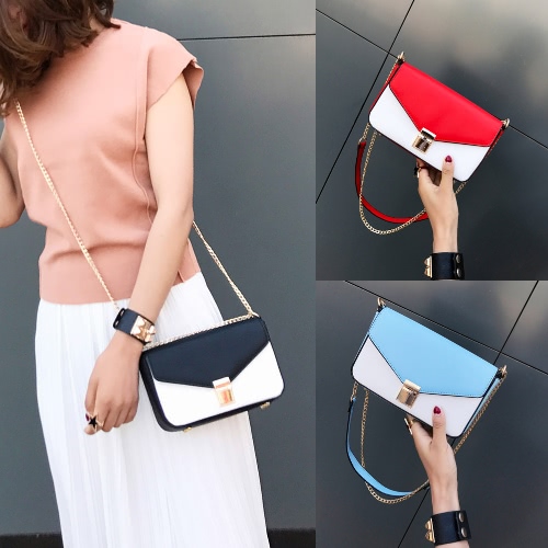 

Women Chain Shoulder Bag Color Block PU Leather Flap Front Casual Mini Hand Bag Crossbody Bag