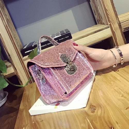 

New Fashion Women Mini Crossbody Bags Sequined PU Leather Chain Shoulder Messenger Bag Handbag Pink / Black / Silver