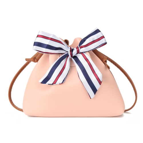 

Женская сумка для плеч Контраст Кожа PU Скрепление Drawstring Ведро Мешок Лента Лук Маленькая сумка