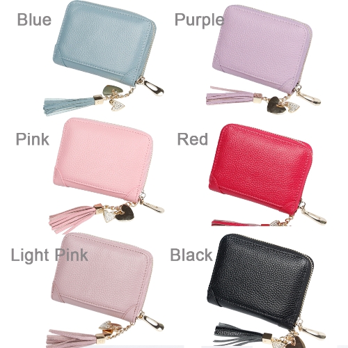 

Women Genuine Leather Card Holder Mini Wallet Tassel Pendant Zip Coin Purse Credit Card Case