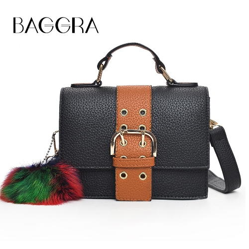 

Fashion Women Shoulder Bag PU Leather Buckle Pompom Small Crossbody Messenger Bag Handbag Brown/Green/Red