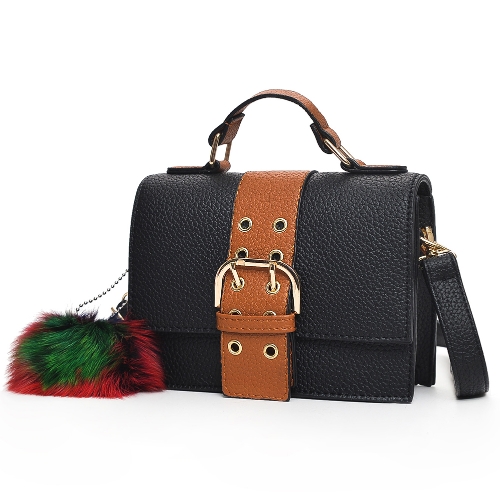 

Fashion Women Shoulder Bag PU Leather Buckle Pompom Small Crossbody Messenger Bag Handbag Brown/Green/Red