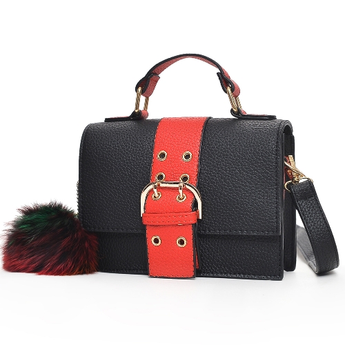 

Fashion Women Shoulder Bag PU Leather Buckle Pompom Small Crossbody Messenger Bag Handbag Brown/Green/Red