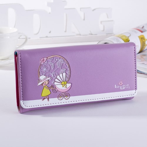 Neue Mode Frauen lange Brieftasche PU Leder Cartoon Mädchen Drucken Button Coin Purse-Kartenhalter