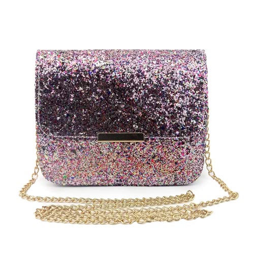 Nuevas mujeres de la moda Bolso de lentejuelas Bolso brillante de la cadena del brillo Bolso de cuero de la PU de la aleta Partido Crossbody Bolso / púrpura