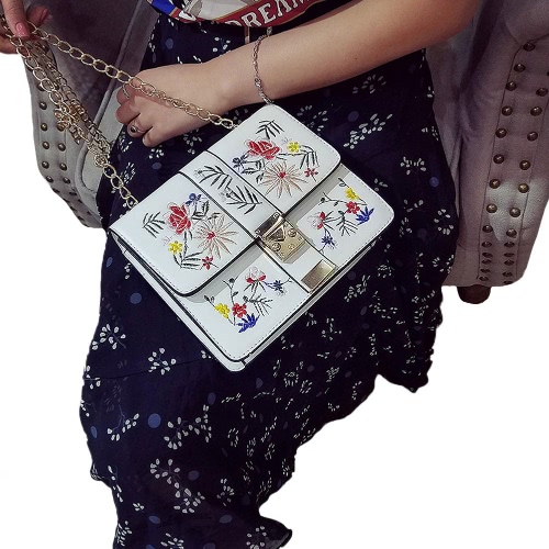 

Fashion Women Embroidery Crossbody Bag Messenger Bag Chain PU Leather Bag Black/White