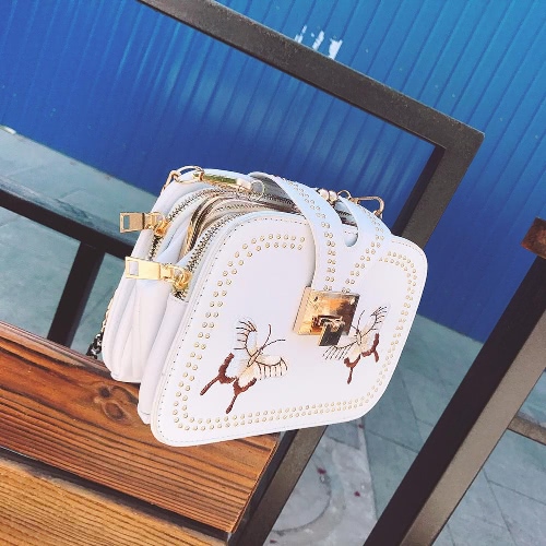 

New Women PU Crossbody Bag Rivet Butterfly Embroidery Multi-Pockets Vintage Chain Shoulder Bags White/Black