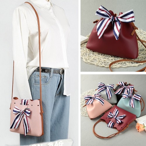 

Women Shoulder Bag Contrast PU Leather Splicing Drawstring Bucket Bag Ribbon Bow Small Crossbody Bag