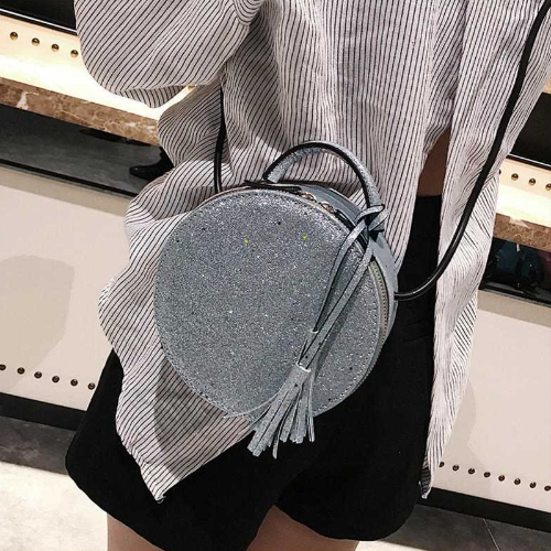 

Fashion Women Round Crossbody Bag Sequined PU Leather Circle Mini Shoulder Bag Handbag Grey/Silver
