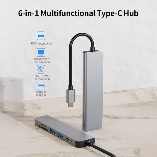 6-in-1 Multifunctional Type-C Hub Aluminum Alloy Type-C Converter with HD USB2.0 USB3.0 PD Ports TF SD Card Slots Plug and Play 