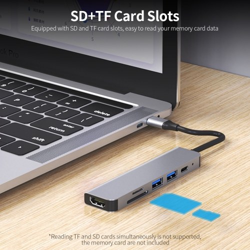 6-in-1 Multifunctional Type-C Hub Aluminum Alloy Type-C Converter with HD USB2.0 USB3.0 PD Ports TF SD Card Slots Plug and Play 