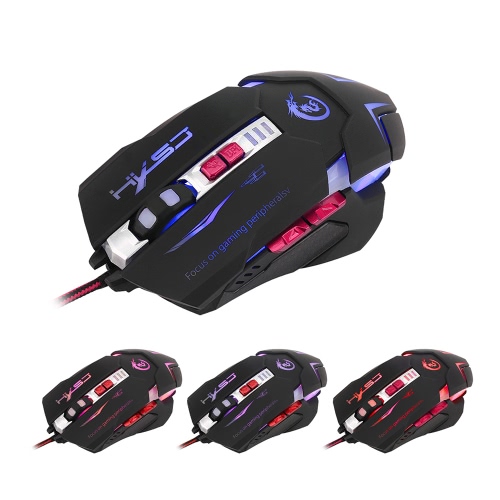 HXSJ H600 Mouse de jogo ergonômico Programação de definição de macro USB com fio de mouse de jogo competitivo 3200DPI ajustável 7 botões programáveis ​​respirando luz LED