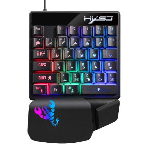 HXSJ V400 Teclado para juegos con una mano Teclado con cable Color de transmisión Luz RGB Teclado ergonómico para reposamanos Negro