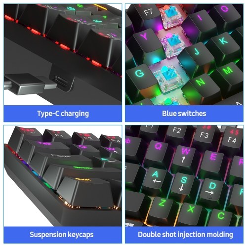 

BAJEAL Compact 61-Key BT5.0 Mechanical Keyboard Double Shot Keycaps 26-key Rollover LED Backlit Effects Blue Switches, Black