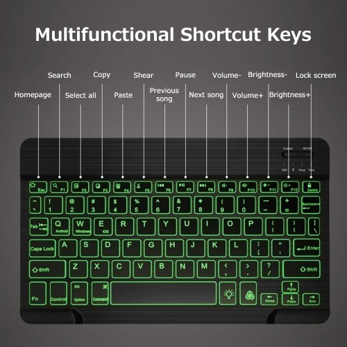 10 inch Wireless BT Keyboard Ultra-thin Rechargeable BT Keyboard Three-system Compatible 7-color Monochrome backlight Black 