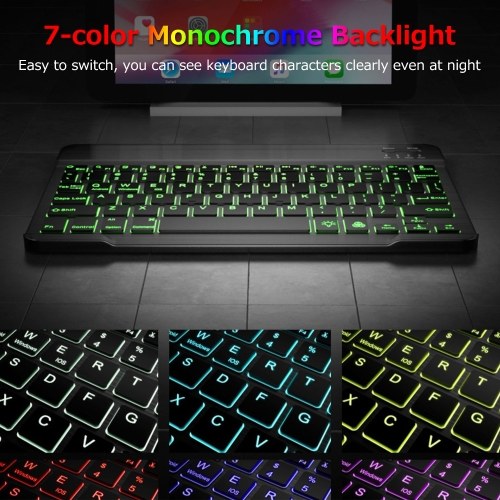 10 inch Wireless BT Keyboard Ultra-thin Rechargeable BT Keyboard Three-system Compatible 7-color Monochrome backlight Black 