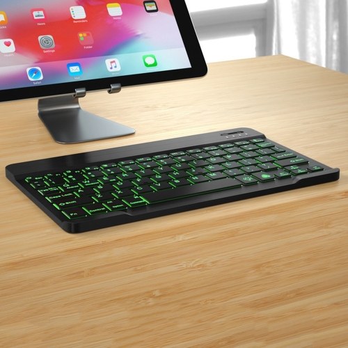 10 inch Wireless BT Keyboard Ultra-thin Rechargeable BT Keyboard Three-system Compatible 7-color Monochrome backlight Black 