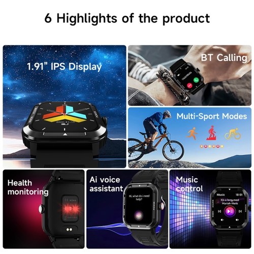 Smartwatch 1.91-inch Large Screen High-clear Display  Comprehensive Health Monitoring  Multi-function Sports Mode  Waterproof IP67  Watch for Men and Women  Blood Pressure Monitor  Glucose Monitor Watch 