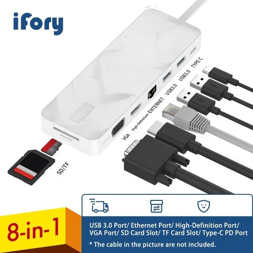 

iFory 8-in-1 Type C Hub USB C Adapter Converter Card Reader Type-c Connector with USB 3.0/Type-C PD Port & 4K High-Definition/VGA/RJ45 Ethernet Port & TF/S-D Card Slot